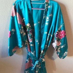 Light Blue Floral Silk-Like Kimono